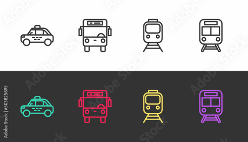 Set line Taxi car, Bus, Train and railway and on black and white. Vector