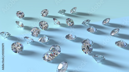 Shiny Diamonds on sky blue surface background. Concept image of luxury living, expensive things and high added value. 3D CG. High resolution.