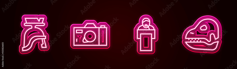 Set line Roman army helmet, Photo camera, Gives lecture and Dinosaur skull. Glowing neon icon. Vector Set line Roman army helmet, Photo camera, Gives lecture and Dinosaur skull. Glowing neon icon. Vector