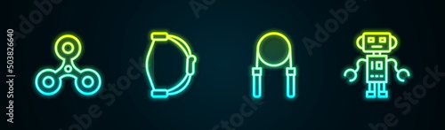 Set line Fidget spinner, Bow toy, Jump rope and Robot. Glowing neon icon. Vector
