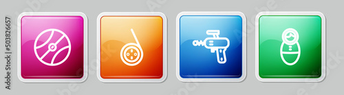Set line Basketball ball, Yoyo toy, Ray gun and Tumbler doll. Colorful square button. Vector