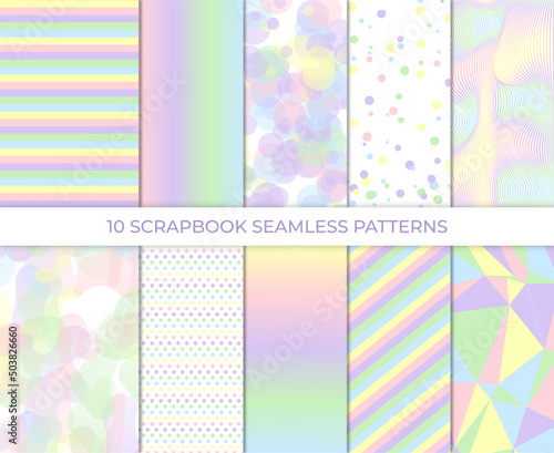 Scrapbook background. Seamless pattern. Cute paper for scrap design. Trendy modern texture. Color illustration. Geometric backdrop. Vector illustration