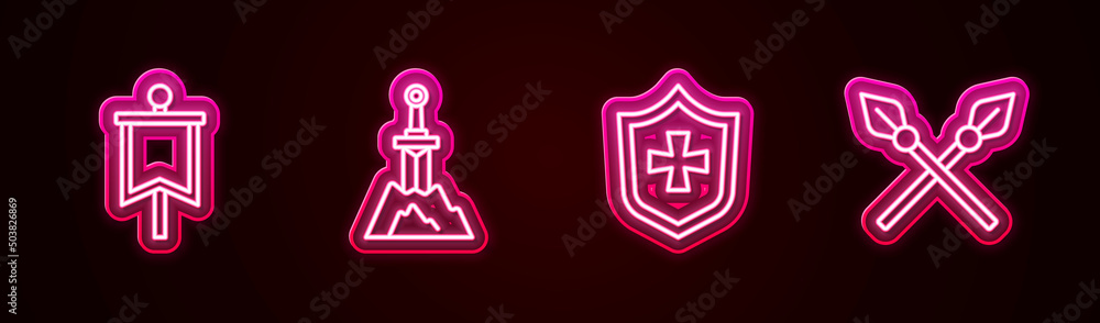 Obraz premium Set line Medieval flag, Sword in the stone, Shield and Crossed medieval spears. Glowing neon icon. Vector