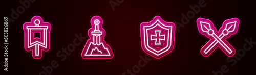 Set line Medieval flag, Sword in the stone, Shield and Crossed medieval spears. Glowing neon icon. Vector