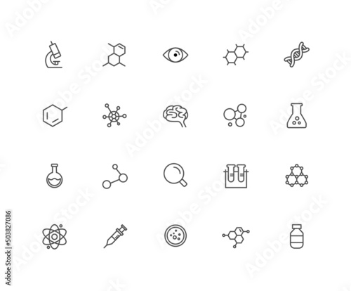Collection of science linear icons and color icons. microbiology, chemical, element, medicine, technology. Set of flat, line symbols drawn with thin contour lines. Vector illustration.