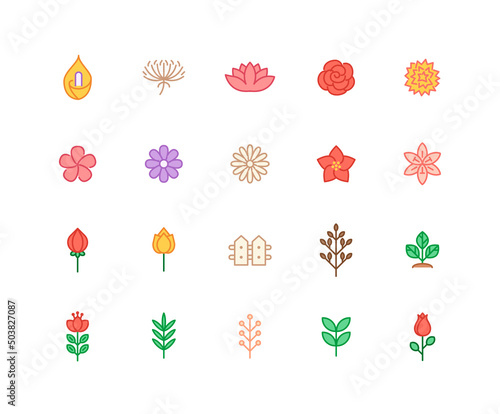 Collection of Flower color icons. Set of Rose and calla symbols drawn with thin contour lines. floral icon Vector illustration.