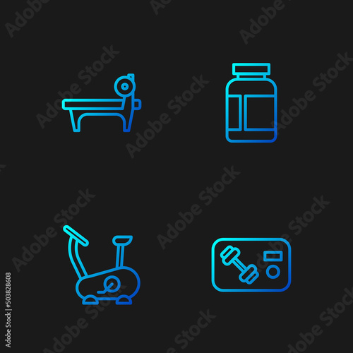 Set line Fitness club, gym card, Stationary bicycle, Bench with barbel and Sports nutrition. Gradient color icons. Vector