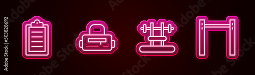 Set line Sport training program, bag, Bench with barbel and Horizontal. Glowing neon icon. Vector