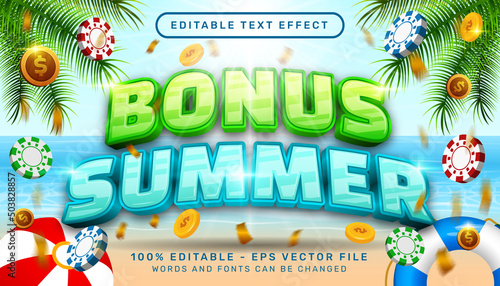 bonus summer 3d editable text effect with chip illustration and sea landscape background
