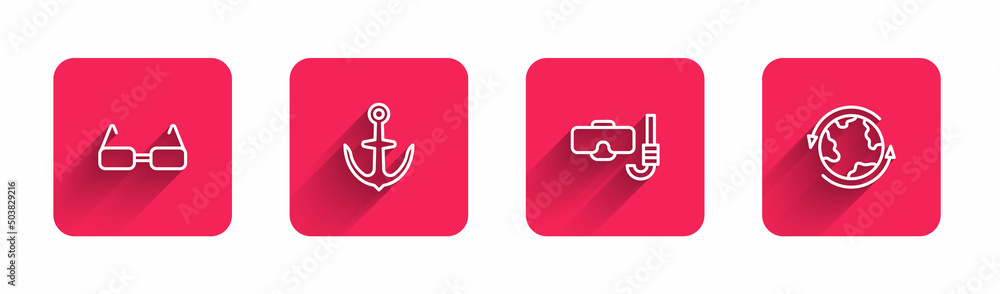 Set line Glasses, Anchor, Diving mask and snorkel and Worldwide with long shadow. Red square button. Vector Set line Glasses, Anchor, Diving mask and snorkel and Worldwide with long shadow. Red square button. Vector