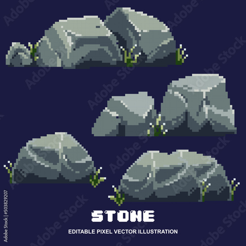 Set of stone with grass icon in pixel style vector illustration
