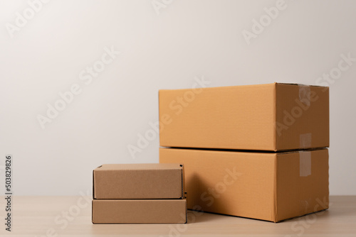 Woman hands holding present box with a ribbon bow. Concept of gift box minimalist style. Showing brown cardboard boxes delivery someone in special occasions or parcel deliver service.