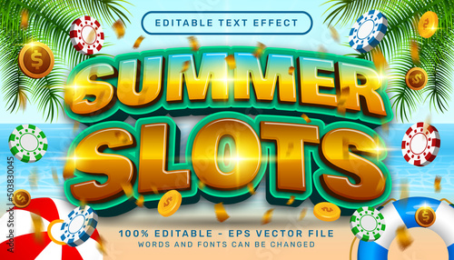 summer slots 3d editable text effect with chip illustration and sea landscape background