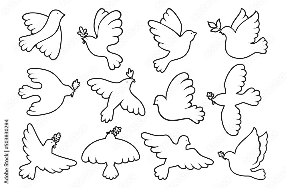 Peace symbol dove contour outline set. Flying bird dove with olive ...