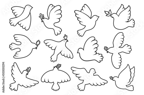 Peace symbol dove contour outline set. Flying bird dove with olive branch line sign, peace and love pigeon icon. Freedom, humanity emblem peaceful and no war concept. Isolated logo design elements