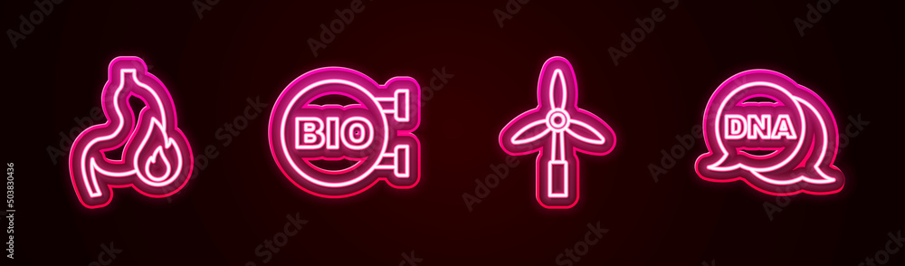 Set line Stomach heartburn, Bio healthy food, Wind turbine and DNA symbol. Glowing neon icon. Vector Set line Stomach heartburn, Bio healthy food, Wind turbine and DNA symbol. Glowing neon icon. Vector