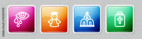 Set line Tear cry eye, Angel, Church building and Funeral urn. Colorful square button. Vector