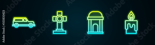 Set line Hearse car, Grave with cross, Old crypt and Burning candle. Glowing neon icon. Vector