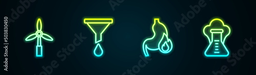 Set line Wind turbine, Funnel or filter, Stomach heartburn and Chemical explosion. Glowing neon icon. Vector
