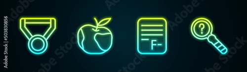 Set line Medal, Apple, Exam paper with incorrect answers and Unknown search. Glowing neon icon. Vector