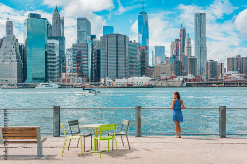 Photography New York city Manhattan skyline seen from Brooklyn waterfront - woman enjoying view