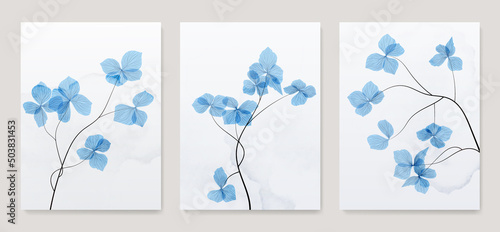 Art background with blue flowers on a watercolor texture. Botanical triptych with floral bouquet in minimalist style for wall decor, invitations, poster photo