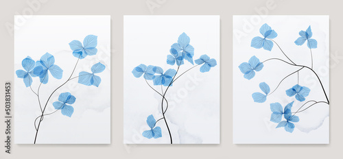 Art background with blue flowers on a watercolor texture. Botanical triptych with floral bouquet in minimalist style for wall decor, invitations, poster