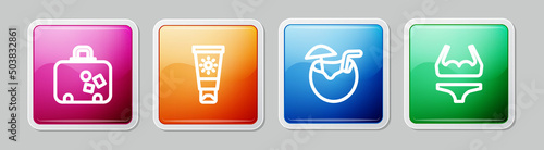 Set line Suitcase, Sunscreen cream in tube, Coconut cocktail and Swimsuit. Colorful square button. Vector