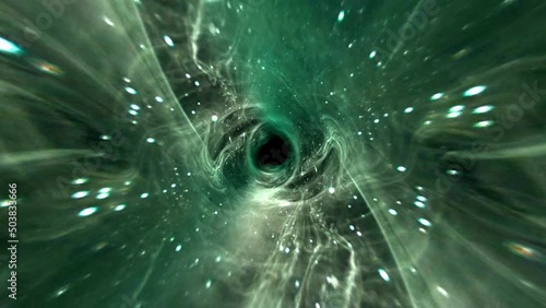 Space fly to grunge green cloud wormhole tunnel through space time vortex loop background. 4K 3D render Sci-Fi interstellar travel through wormhole in hyperspace. Abstract cloud interstellar flight. photo