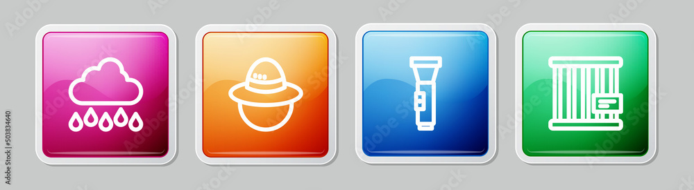 Set line Cloud with rain, Camping hat, Flashlight and Animal cage. Colorful square button. Vector Set line Cloud with rain, Camping hat, Flashlight and Animal cage. Colorful square button. Vector