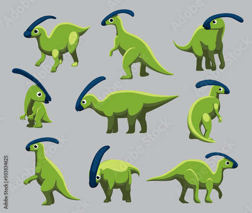 Cartoon Dinosaur Parasaurolophus Cute Various Poses Cartoon Vector Illustration