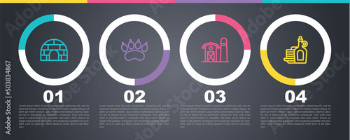 Set line Igloo ice house, Bear paw footprint, Farm and Syrup with pancakes. Business infographic template. Vector