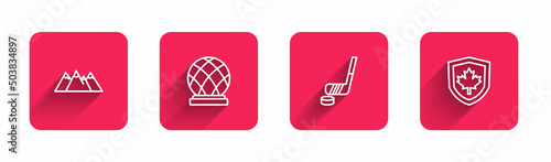 Set line Mountains, Montreal Biosphere, Ice hockey stick and puck and Canada flag shield with long shadow. Red square button. Vector