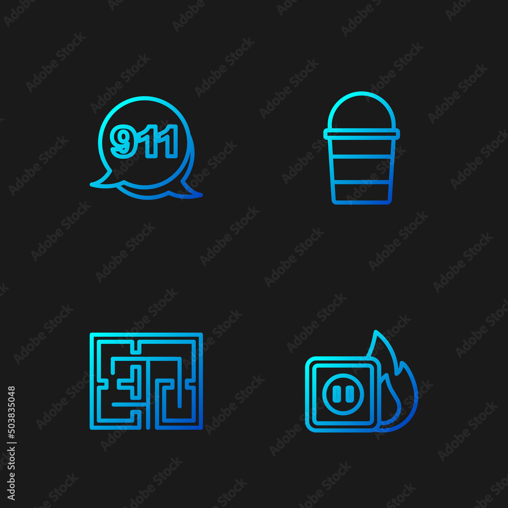 Set line Electric wiring of socket in fire, Evacuation plan, Emergency call 911 and Fire bucket. Gradient color icons. Vector Set line Electric wiring of socket in fire, Evacuation plan, Emergency call 911 and Fire bucket. Gradient color icons. Vector