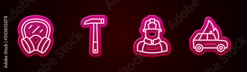 Set line Gas mask  Firefighter axe  and Burning car. Glowing neon icon. Vector