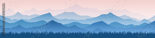 Fotografie, Obraz Vector illustration of mountains, ridge in the morning haze, panoramic view