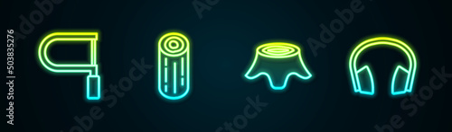 Set line Hacksaw, Wooden logs, Tree stump and Headphones. Glowing neon icon. Vector