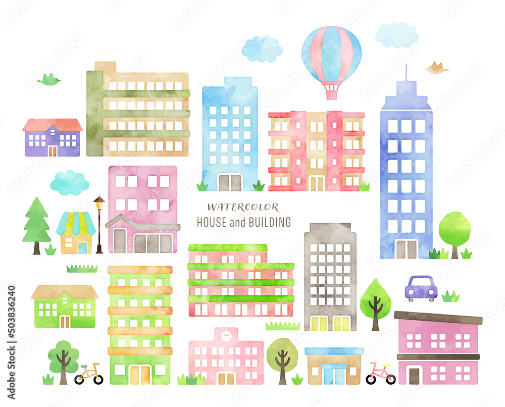 watercolor vector hand drawn buildings and houses illustration