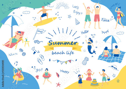 夏　海で遊ぶ人達　素材集