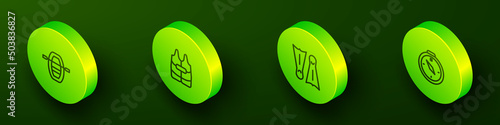Set Isometric line Boat with oars, Life jacket, Flippers for swimming and Compass icon. Vector
