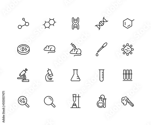 DNA science linear icons. Set of biology, genetic, Gene, Cell, Life Science, Microbiology symbols drawn with thin contour lines. Vector illustration.