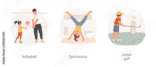 Sport electives for children isolated cartoon vector illustration set. Volleyball class, gymnastics for kids, junior golf club, child sport hobby, elementary school electives vector cartoon.