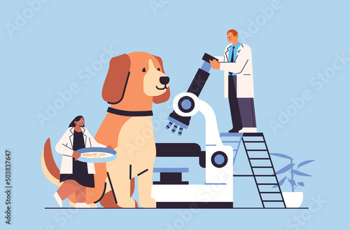 scientists doing experiments in lab veterinary workers with experimental dog biological genetic engineering research