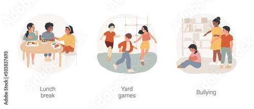 Middle school student socialization isolated cartoon vector illustration set. Students have lunch break together, children play yard games, bullying problem in middle school vector cartoon. © Vector Juice