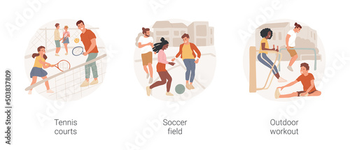 Outdoor common facilities isolated cartoon vector illustration set. Public tennis court, common soccer field, diverse people play together, outdoor fitness equipment, city workout vector cartoon.