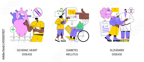 Elderly people health problems abstract concept vector illustration set. Ischemic heart disease, diabetes mellitus, Alzheimerand dementia, coronary artery, blood sugar, memory loss abstract metaphor.