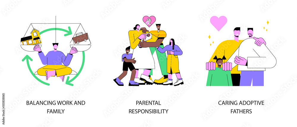 Happy family abstract concept vector illustration set. Balancing work and family, parental responsibility, caring adoptive fathers, social roles, foster care, time management abstract metaphor.