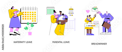 Care for children and family abstract concept vector illustration set. Maternity and parental leave, breadwinner, home office, pregnant woman, newborn child, family needs support abstract metaphor.