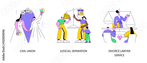 Family law abstract concept vector illustration set. Civil union, judicial separation, divorce lawyer service, parental rights, gay couple, wedding day, married couple contract abstract metaphor.