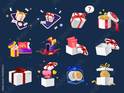 event gift box bundle illustration set. mobile phone, 3d, ribbon, present, coupon, coin. Vector drawing. Hand drawn style.